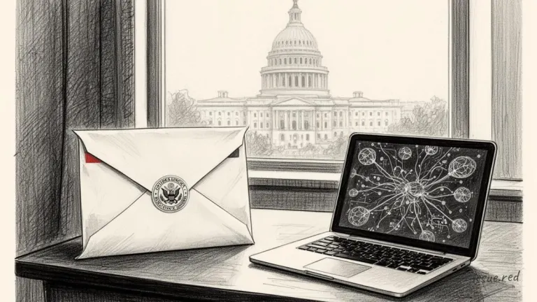 A sealed legal envelope and a laptop with abstract technology symbols, with a capitol building blurred in the background.
