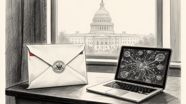 A sealed legal envelope and a laptop with abstract technology symbols, with a capitol building blurred in the background.
