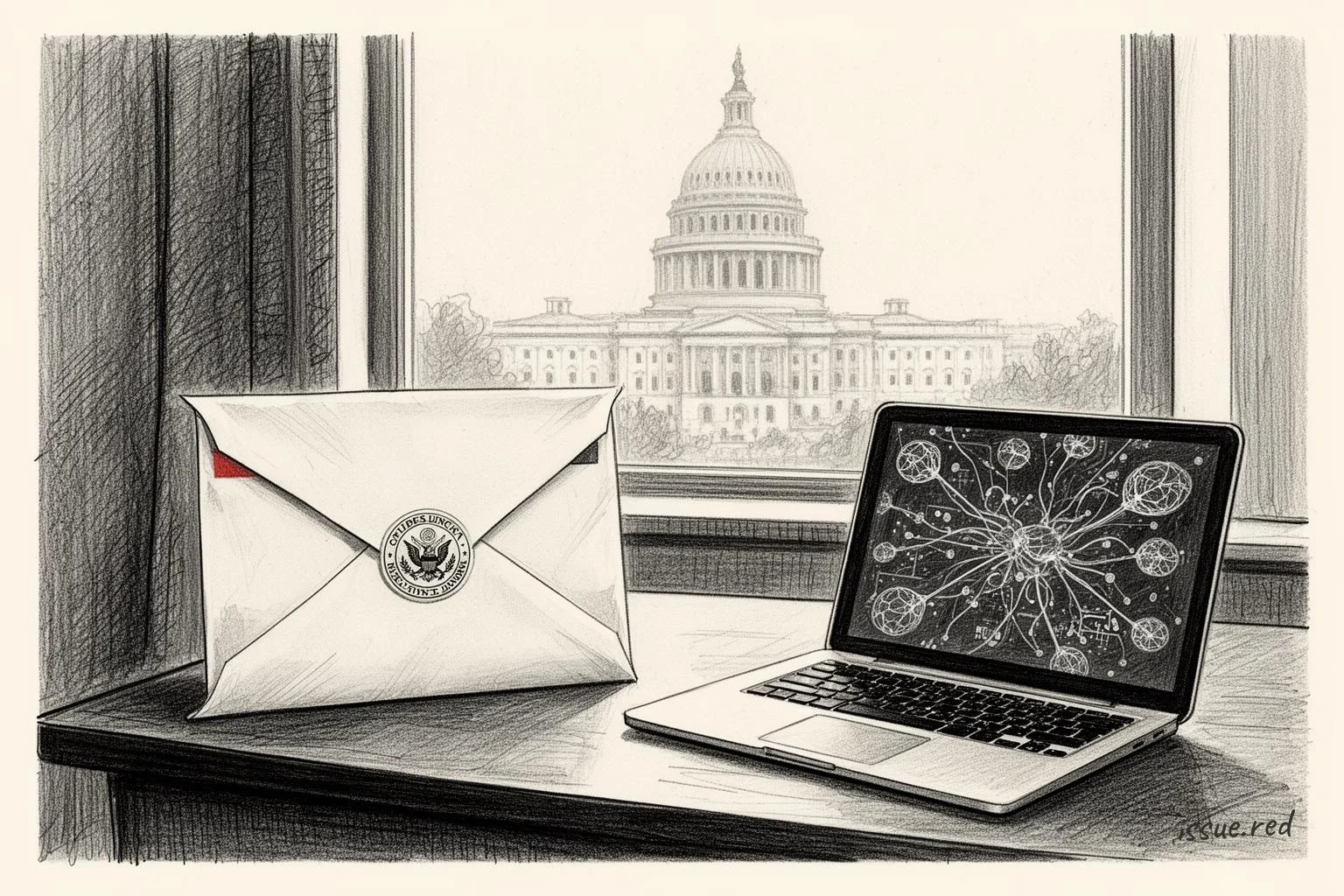 A sealed legal envelope and a laptop with abstract technology symbols, with a capitol building blurred in the background.
