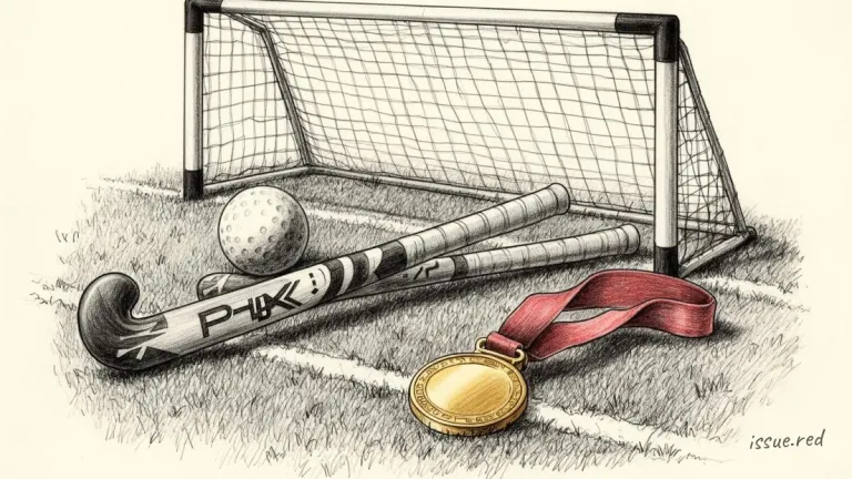 Conceptual pen-and-ink illustration of hockey sticks, a ball and a gold medal on a pitch