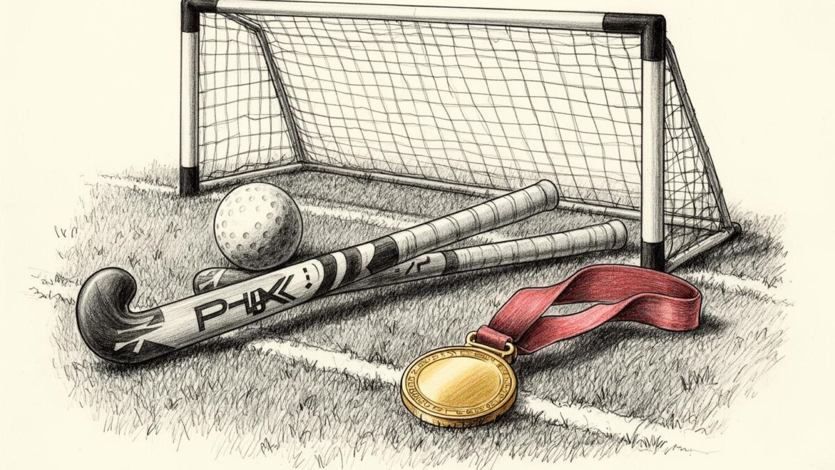 Conceptual pen-and-ink illustration of hockey sticks, a ball and a gold medal on a pitch