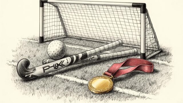 Conceptual pen-and-ink illustration of hockey sticks, a ball and a gold medal on a pitch