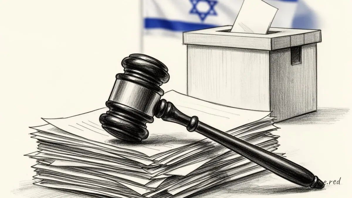 Gavel on legal papers with ballot box and Israeli flag in background