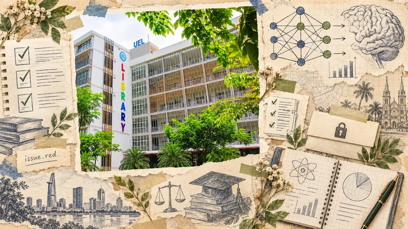Ảnh tòa nhà UEL kết hợp minh họa sổ nghiên cứu, mạng nơ-ron và danh sách kiểm chứng AI trên nền giấy màu kem
