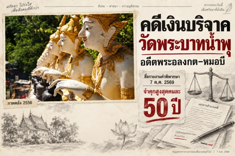 ปกคอลลาจภาพคลังวัดพระบาทน้ำพุกับลายวาดเอกสารคดี ระบุว่าตามรายงานสื่อ