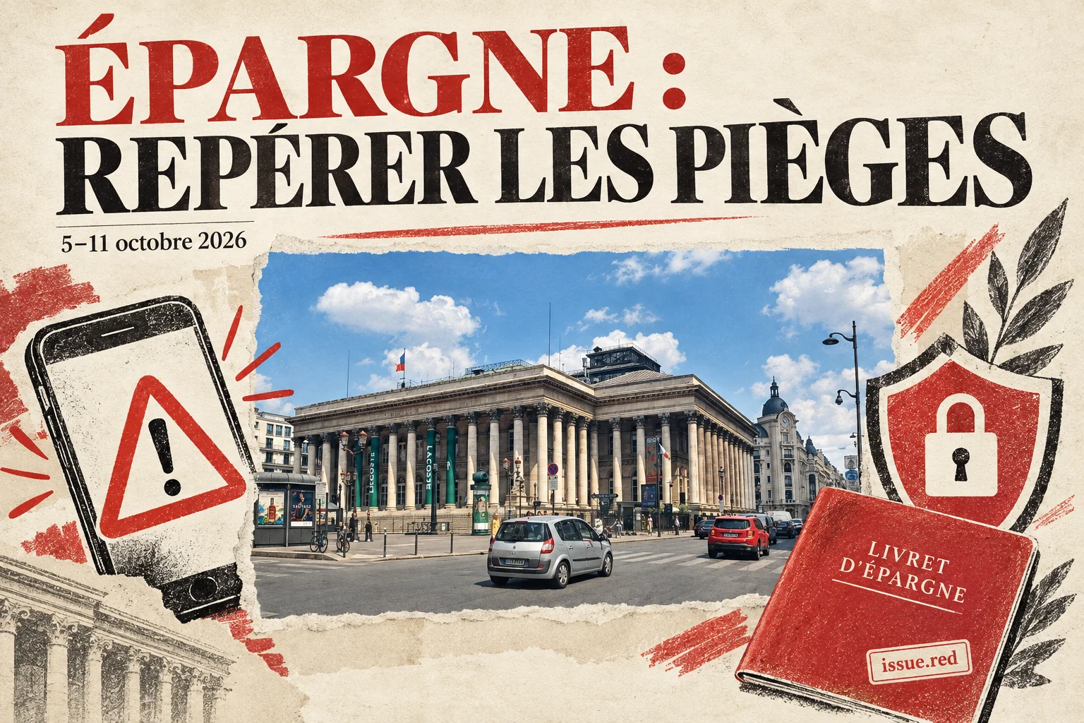 Collage sur papier crème avec une photo d’archive du Palais Brongniart à Paris et des dessins de téléphone et de carnet d’épargne
