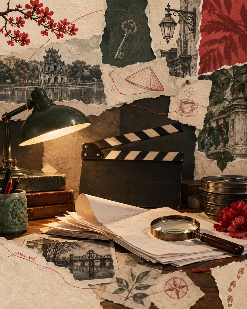 Ảnh ghép biên tập trên nền giấy màu kem với clapperboard, kịch bản và kính lúp; hình minh họa, không phải cảnh phim, áp phích hay bối cảnh thật.