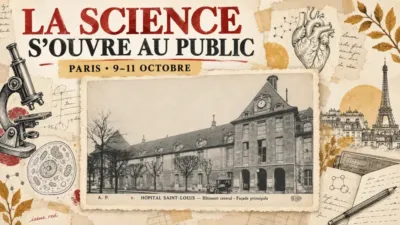 Collage illustratif avec une photographie d’archive de la façade de l’hôpital Saint-Louis et des dessins de microscope, de cellule et de cœur.