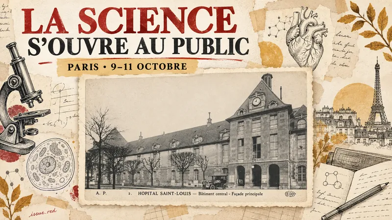 Collage illustratif avec une photographie d’archive de la façade de l’hôpital Saint-Louis et des dessins de microscope, de cellule et de cœur.