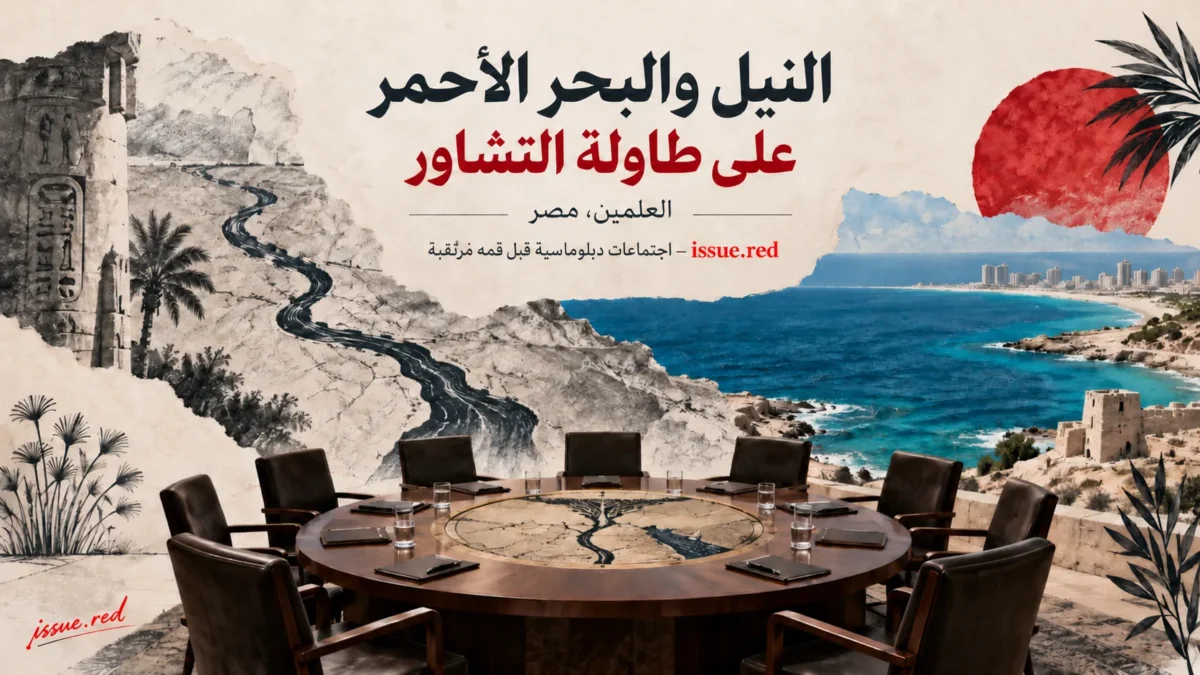كولاج تحريري لطاولة تشاور رمزية والساحل في العلمين مع خطوط ترمز إلى النيل