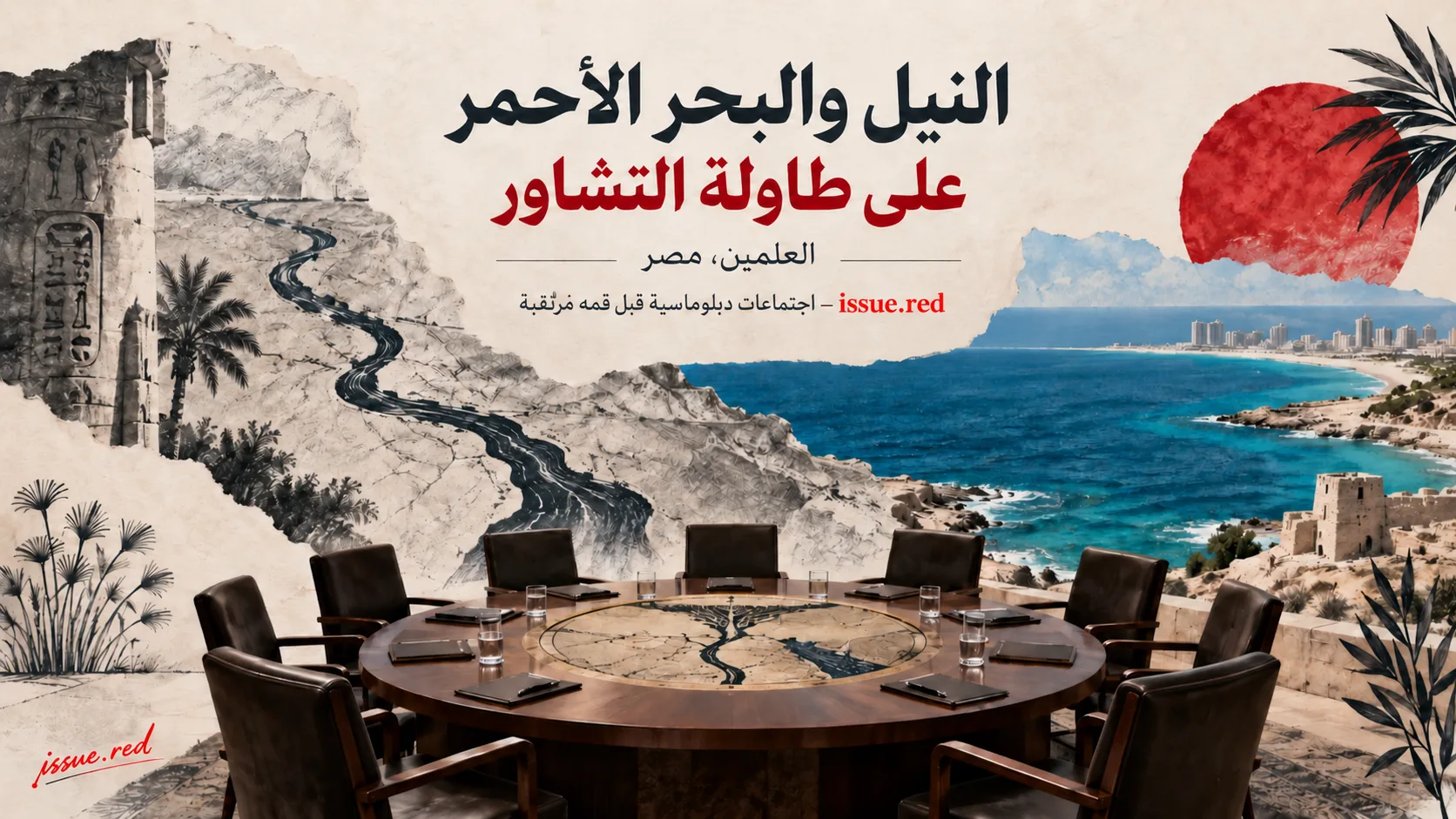 كولاج تحريري لطاولة تشاور رمزية والساحل في العلمين مع خطوط ترمز إلى النيل