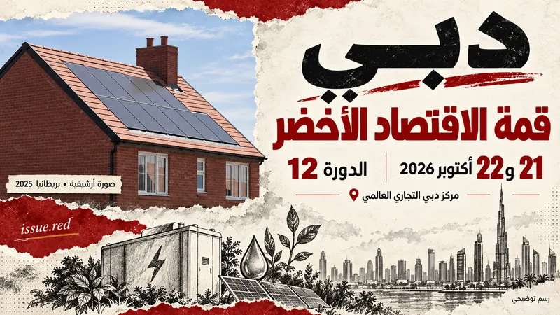 كولاج عن قمة الاقتصاد الأخضر يجمع صورة أرشيفية لألواح شمسية في بريطانيا ورسومًا فحمية توضيحية.