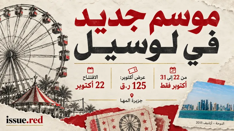 كولاج بصورة أرشيفية للدوحة ورسوم توضيحية لعجلة ترفيه وتذاكر، وليس صورة للفعالية.