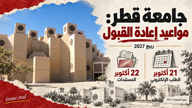 كولاج تحريري يجمع صورة أرشيفية للحرم الجامعي بجامعة قطر ورسومًا توضيحية لتقويم وملف مستندات