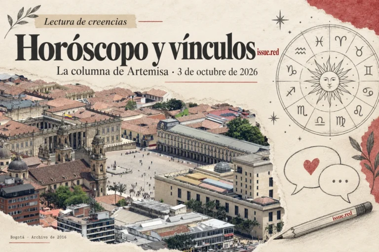 Collage sobre papel crema con fotografía de archivo de Bogotá y dibujos de zodiaco, conversación y lápiz