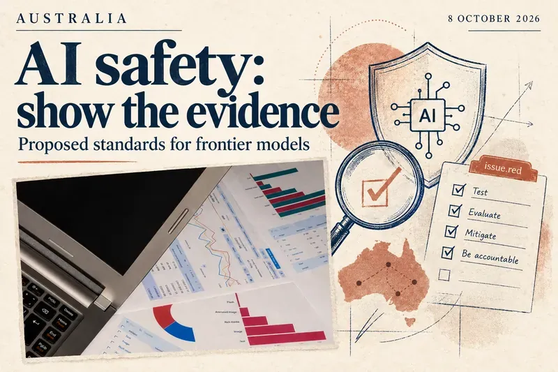 Cream paper collage combining an archive laptop photograph with drawn AI shield, risk checklist and Australian map