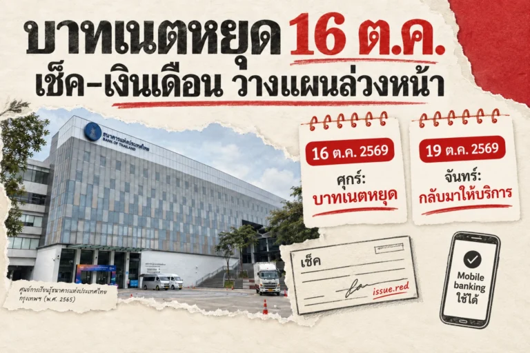 คอลลาจภาพศูนย์การเรียนรู้ ธปท. กับปฏิทินเตือนบาทเนตหยุด 16 ตุลาคม กลับมา 19 ตุลาคม