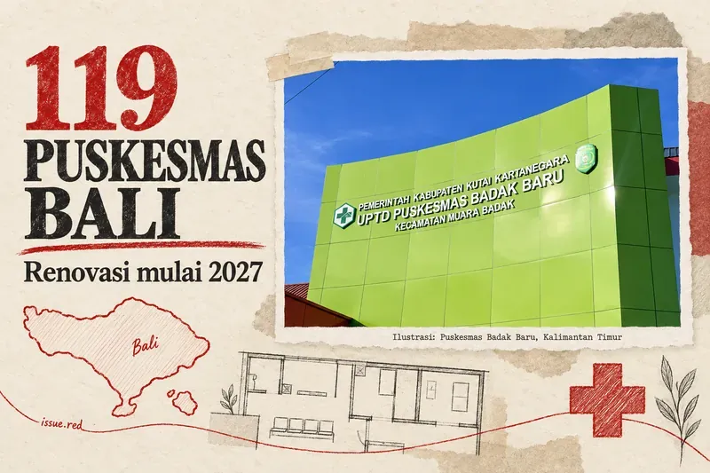 Kolase editorial tentang rencana renovasi puskesmas di Bali mulai 2027 dengan foto ilustrasi Puskesmas Badak Baru di Kutai Kartanegara, Kalimantan Timur.