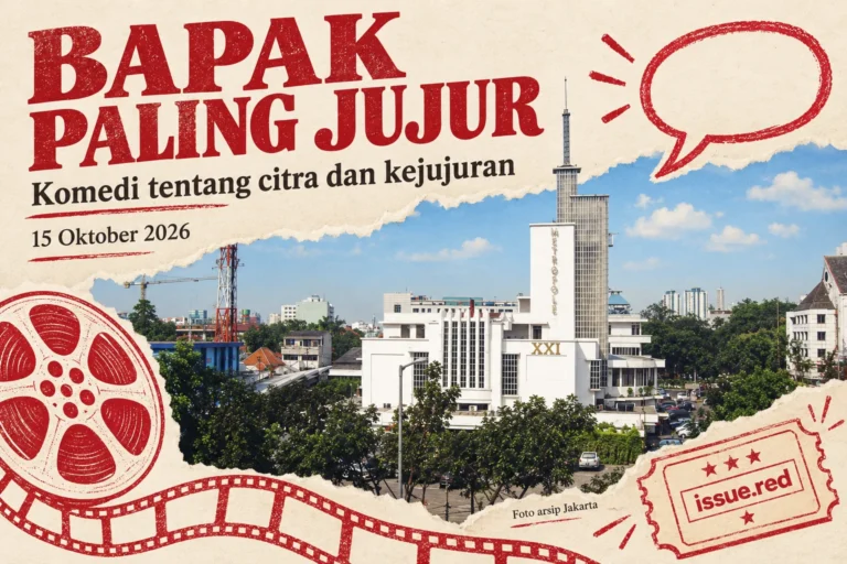Kolase kertas krem dengan foto arsip bioskop Metropole Jakarta dan gambar rol film serta tiket