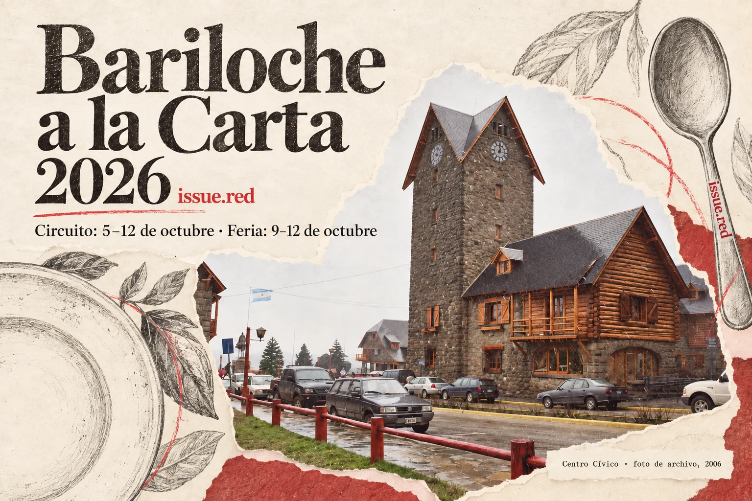 Collage en papel crema con una foto de archivo del Centro Cívico y dibujos de utensilios