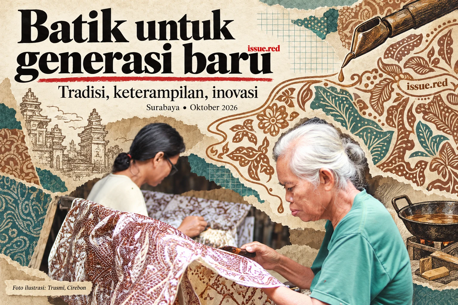 Kolase kertas krem dengan foto perajin Trusmi dan gambar alat batik serta desain digital