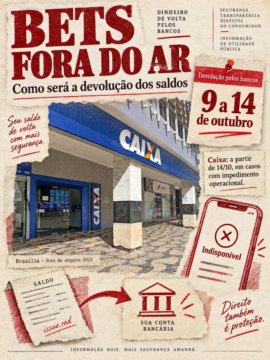 Colagem com foto de arquivo de uma agência da Caixa em Brasília e desenhos de calendário e transferência bancária