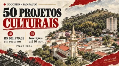 Ilustração do centro de Socorro com igreja e paisagem urbana, acompanhada dos dados do edital cultural