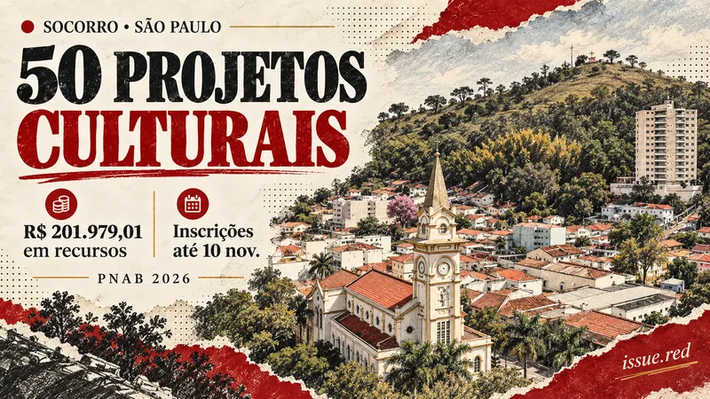 Ilustração do centro de Socorro com igreja e paisagem urbana, acompanhada dos dados do edital cultural