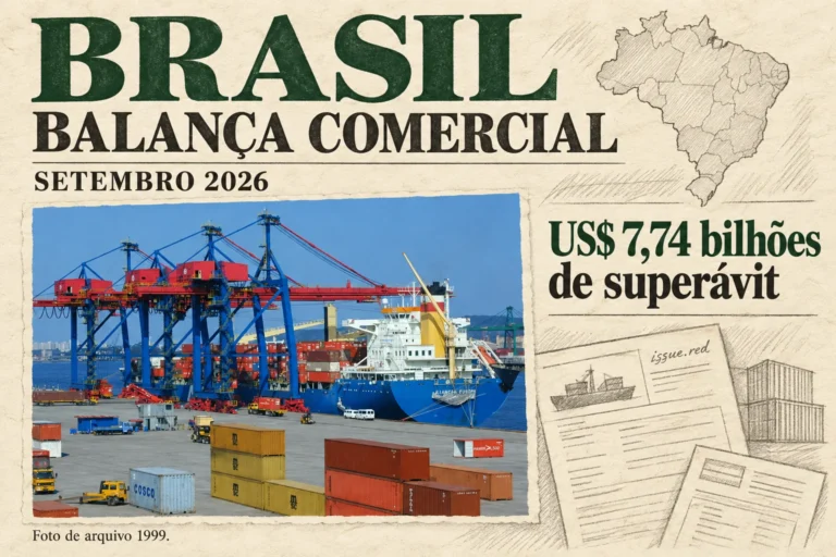 Colagem de papel creme com fotografia de arquivo do Porto de Santos e saldo comercial de 7,74 bilhões de dólares