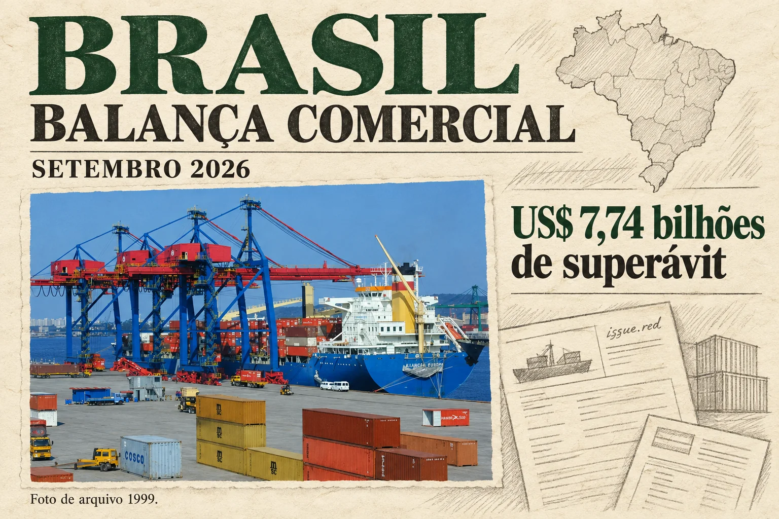 Colagem de papel creme com fotografia de arquivo do Porto de Santos e saldo comercial de 7,74 bilhões de dólares