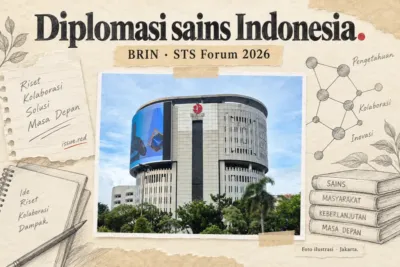 Kolase foto ilustrasi Gedung Widya Graha BRIN di Jakarta dengan gambar pensil jejaring riset