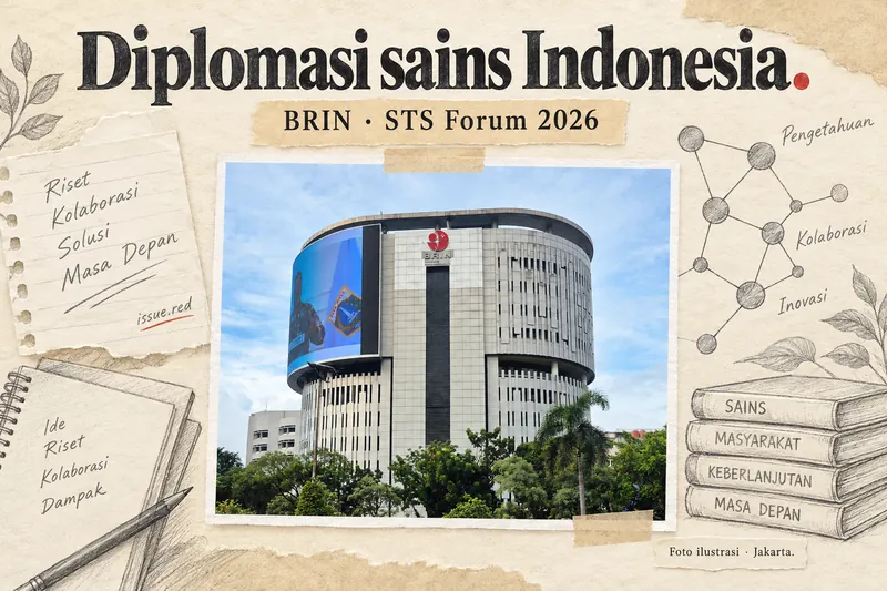 Kolase foto ilustrasi Gedung Widya Graha BRIN di Jakarta dengan gambar pensil jejaring riset