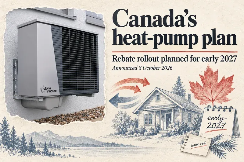 Cream-paper collage with an archival outdoor HVAC photograph, drawn Canadian house and maple leaf, and a calendar marking the planned early-2027 rebate rollout
