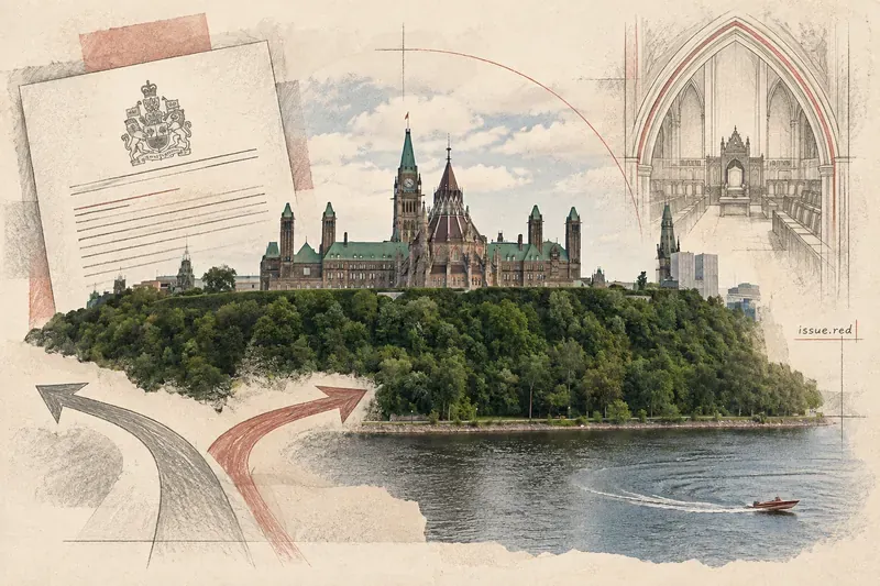 Parliament Hill in Ottawa within a cream-paper collage with hand-drawn legal and policy motifs