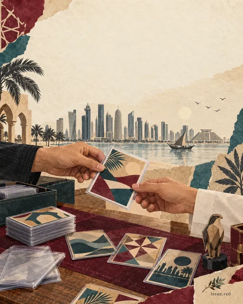 رسم توضيحي تحريري لهواة يتبادلون بطاقات مقتنيات أمام مشهد مستوحى من أفق الدوحة؛ لا يصور الفعالية الفعلية.