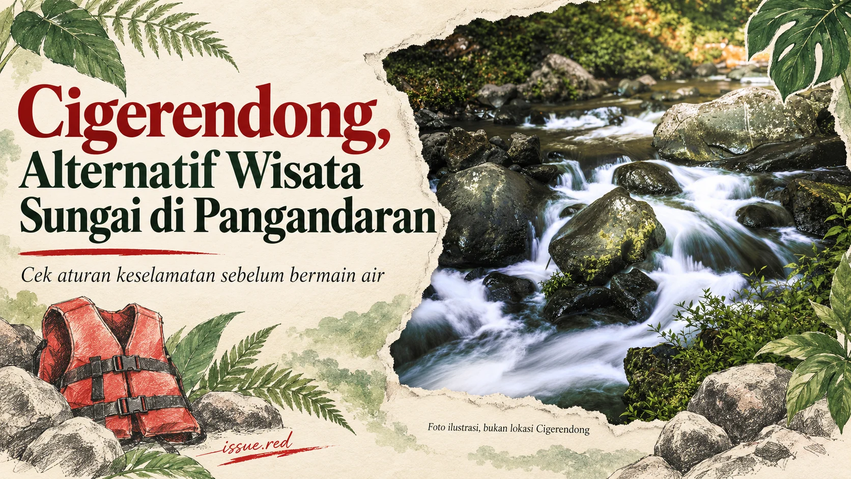Kolase kertas krem dengan foto ilustrasi aliran sungai berbatu di hutan Jawa Barat dan gambar jaket pelampung; bukan foto Sungai Cigerendong.