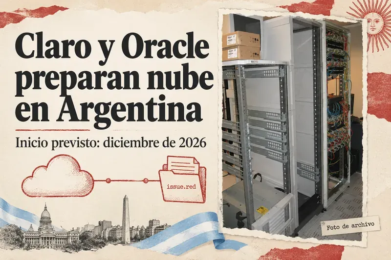 Collage de papel crema con una foto de archivo de racks, dibujos de nube y carpeta, y el inicio previsto en diciembre de 2026 en Argentina