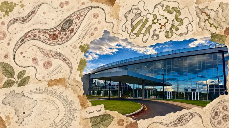 Entrada do Sirius em Campinas em uma colagem editorial com desenhos de Trypanosoma cruzi e estruturas moleculares