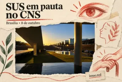 Colagem em papel creme com foto de arquivo da Esplanada dos Ministérios em Brasília e desenhos de um olho, escuta e cuidado a pessoas idosas