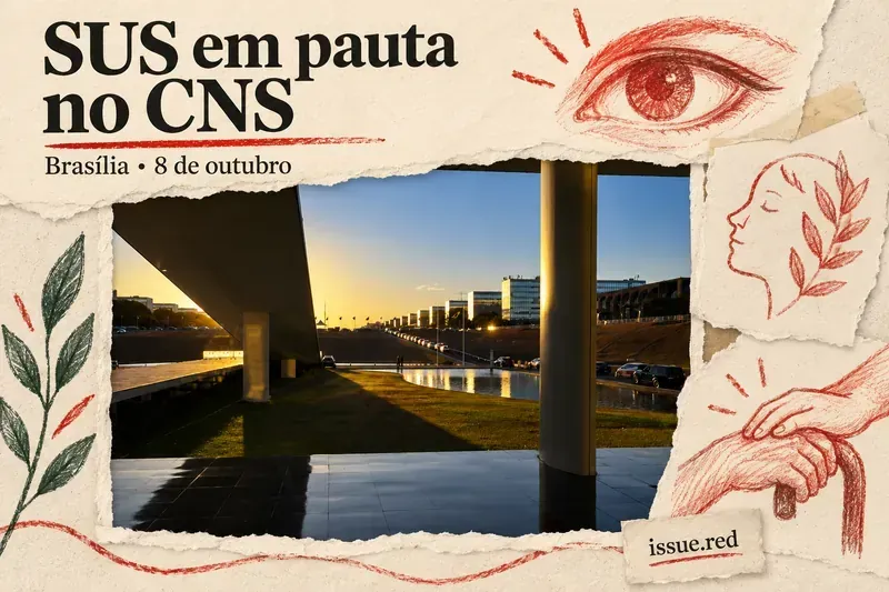 Colagem em papel creme com foto de arquivo da Esplanada dos Ministérios em Brasília e desenhos de um olho, escuta e cuidado a pessoas idosas