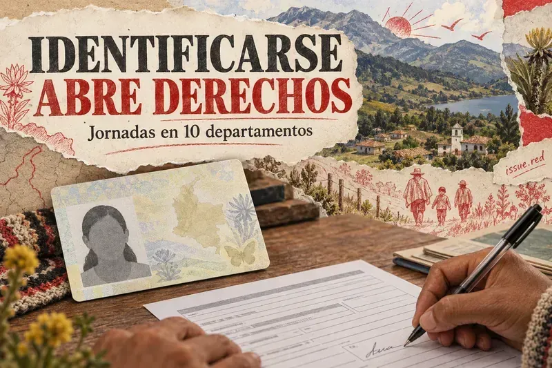 Ilustración editorial de un trámite de identificación sobre un escritorio con una comunidad rural al fondo
