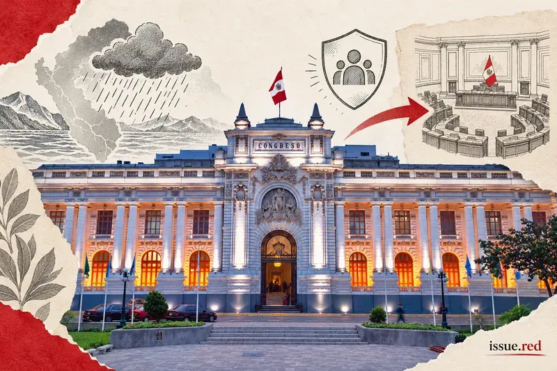 Collage de papel crema con una fotografía del Palacio Legislativo del Perú, un hemiciclo del Senado dibujado a tinta y símbolos de seguridad y lluvia; la marca issue.red aparece una sola vez.