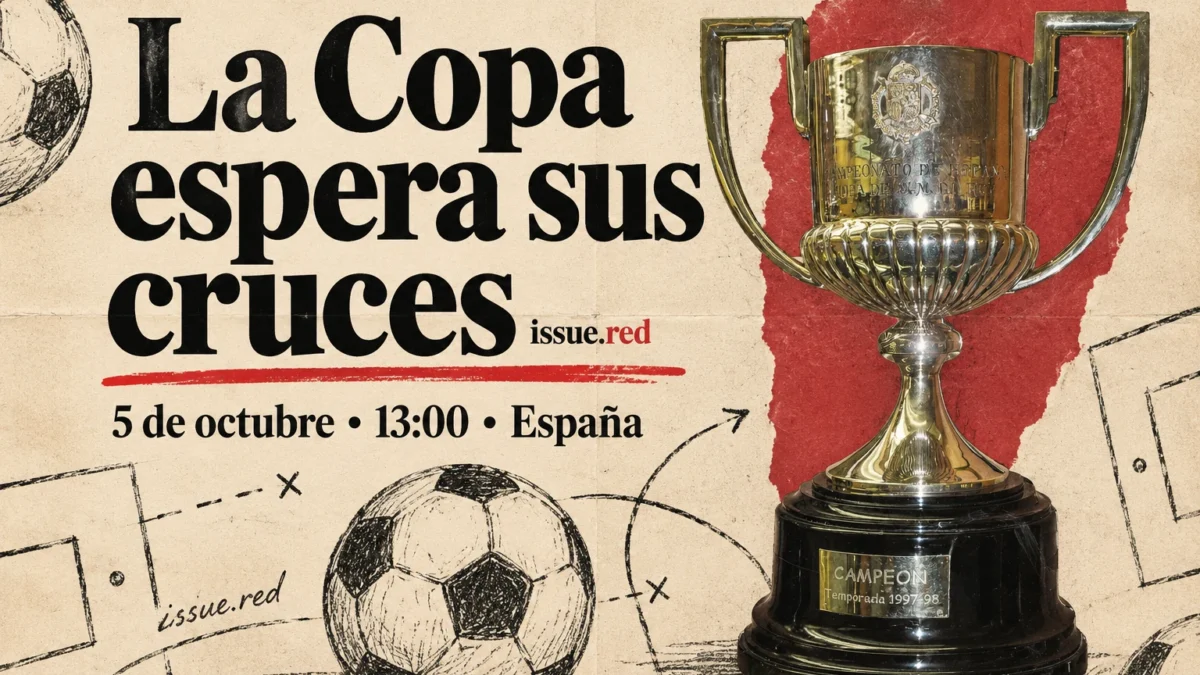 Collage ilustrativo con fotografía de archivo del trofeo y dibujos de fútbol, compuesto con IA