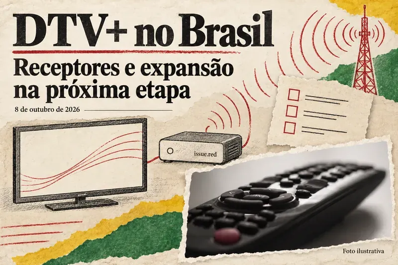 Colagem em papel creme com foto ilustrativa de controle remoto, desenhos de televisão e antena, e texto sobre receptores e expansão da DTV+ no Brasil