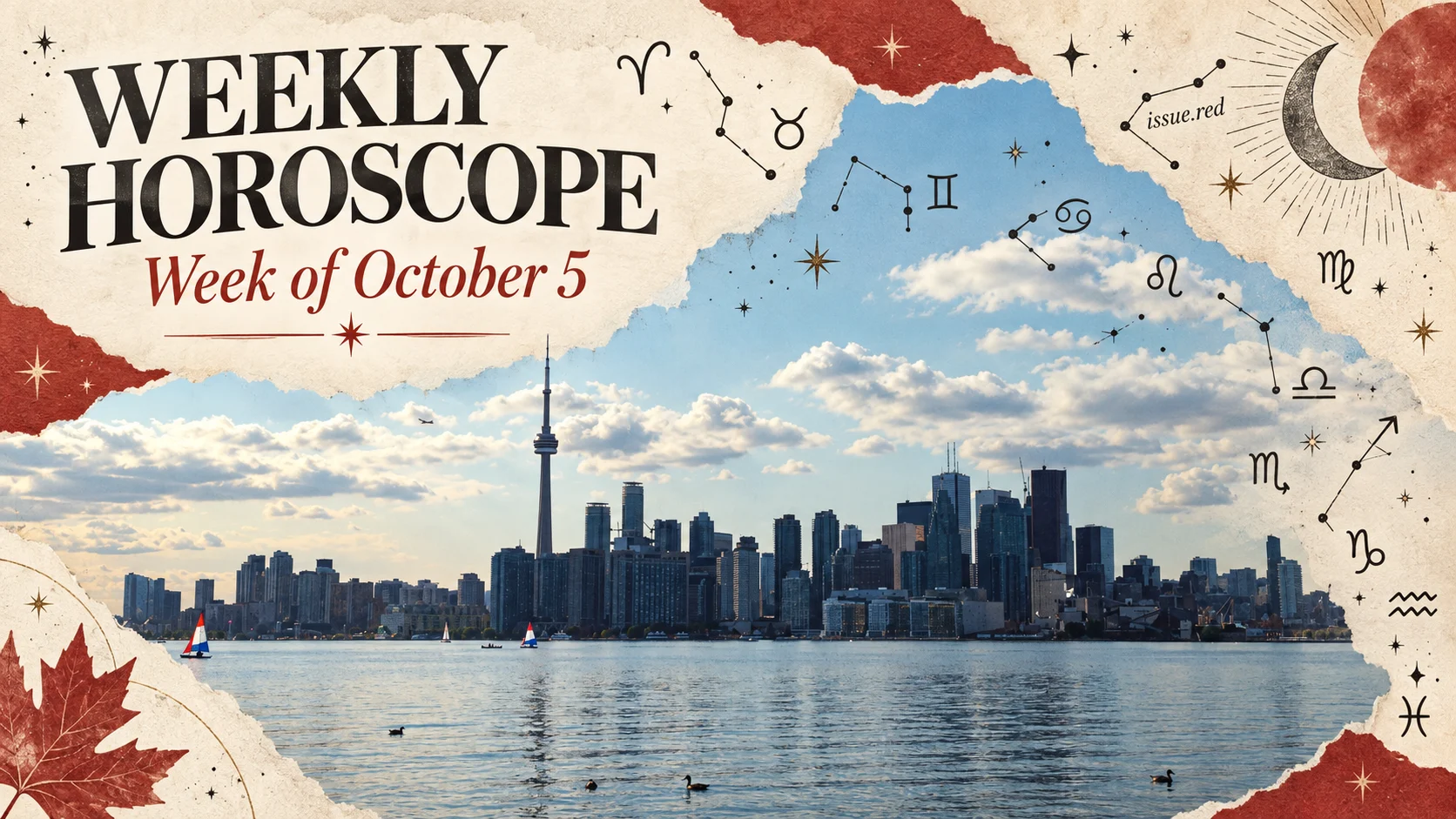 Cream-paper editorial collage with a real photograph of Toronto’s skyline and CN Tower, surrounded by hand-drawn zodiac signs and constellations.