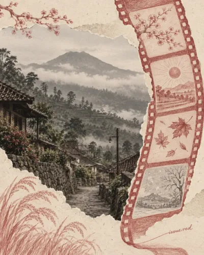Kolase ilustratif kertas krem menampilkan jalan desa di dataran tinggi Jawa, bingkai film, dan motif empat musim; bukan gambar lokasi atau adegan film yang sebenarnya.