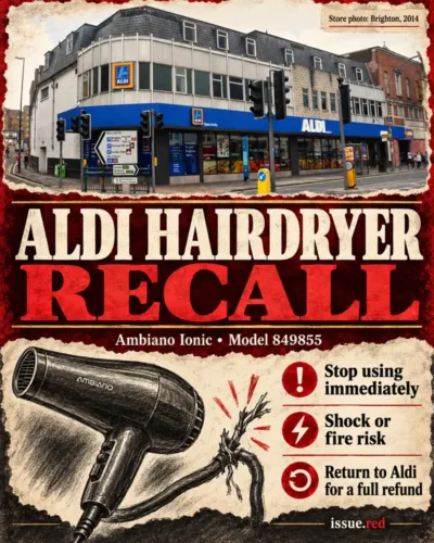 Editorial collage of an archive Aldi store photograph with a generic illustrated hairdryer and power cord