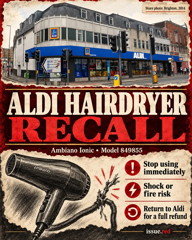 Editorial collage of an archive Aldi store photograph with a generic illustrated hairdryer and power cord