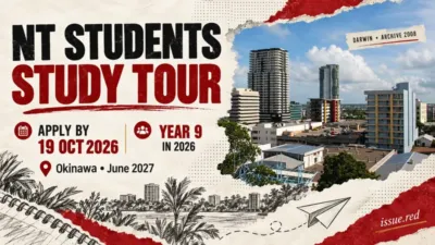 Editorial collage for Northern Territory students with an archival Darwin skyline and illustrative notebook drawings.