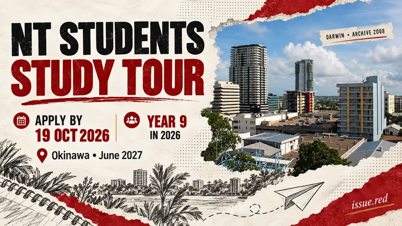 Editorial collage for Northern Territory students with an archival Darwin skyline and illustrative notebook drawings.